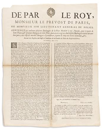 Paris, Food Safety and Fair Practices, 1711-1739. Four Broadsides Admonishing Bakers, Butchers, and Fishmongers.